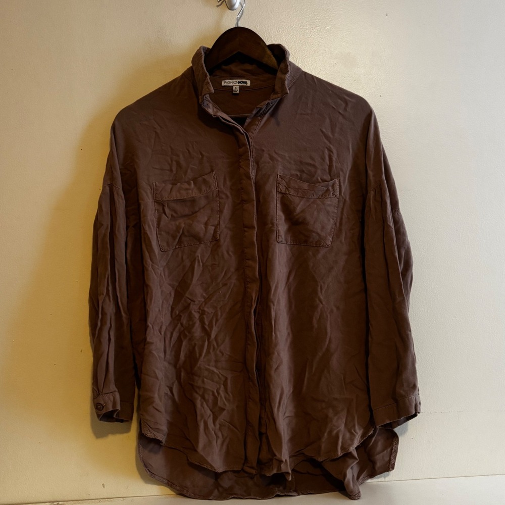 Fashion Nova Women's S Brown Long Sleeve Button Down Cotton Fall Basics Staples